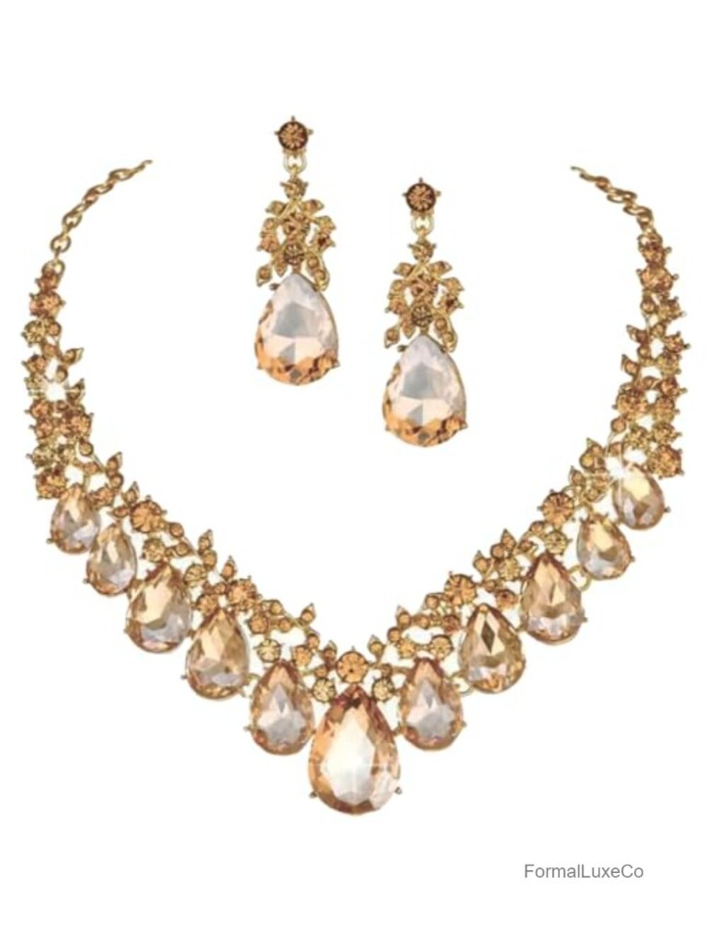 Antique Style Art Deco Rhinestone Jewelry Set, Gold Tone, Chandelier Earrings &